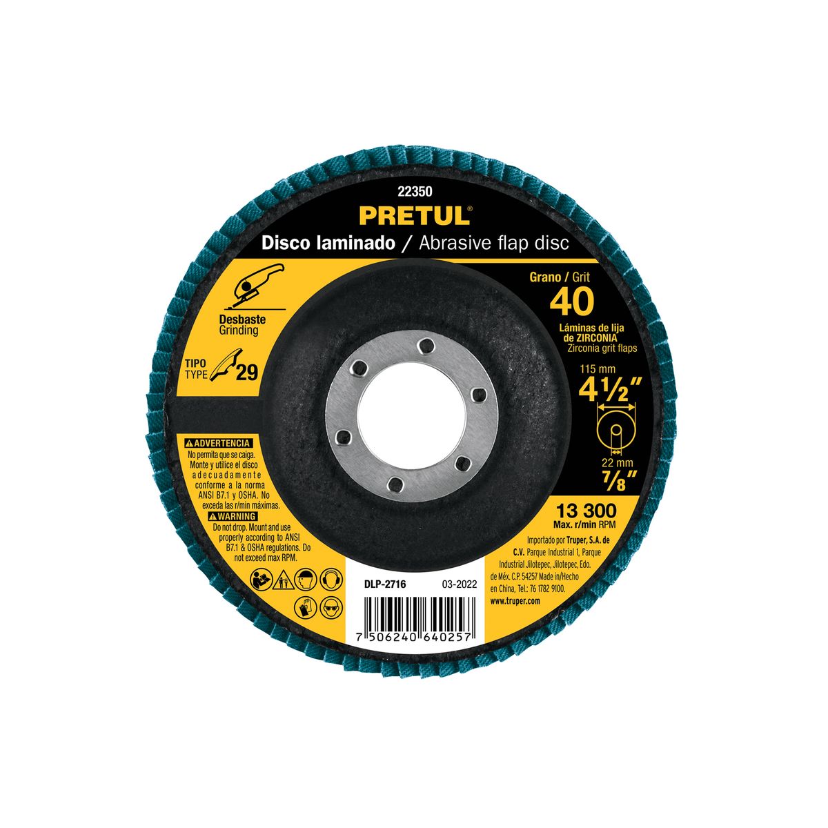 PRETUL - Disco 4 1/2" Grano 40 Polifan Flap Lija 22350 Pretul