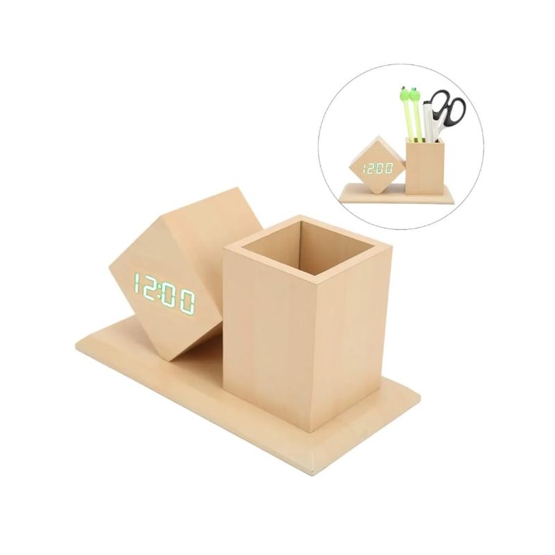 AMAZON - RELOJ  DIGITAL DE ESCRITORIO DE MADERA BAMBU  PORTALAPICERO
