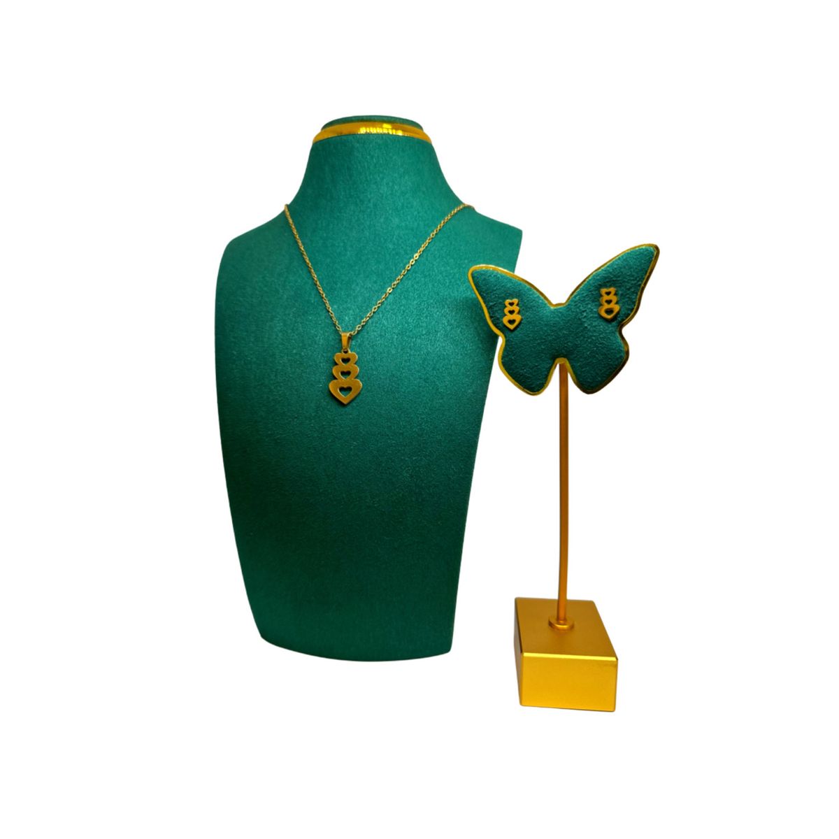 GENERICO - Pack Acero Collar con dije y Aretes - Triple Corazón Dorado