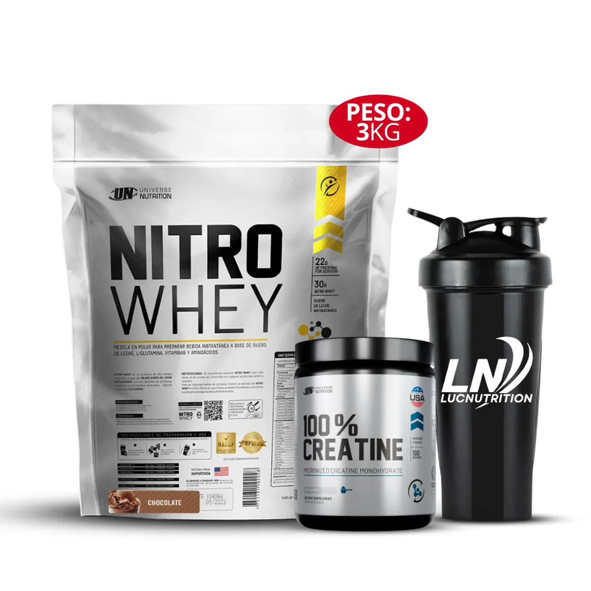 UNIVERSE NUTRITION - Nitro whey 3 Kg Chocolate + Creatina universe nutrition 250 g + Shaker