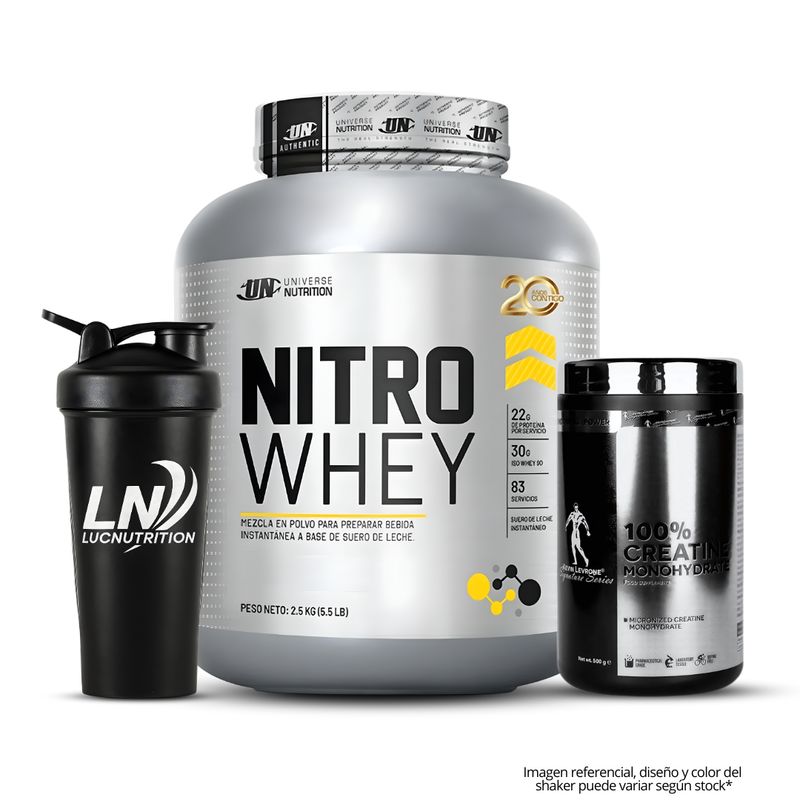 UNIVERSE NUTRITION - Nitro Whey 2.5 Kg - Vainilla Proteina Whey + Creatina kevin levrone 500 g + Shaker