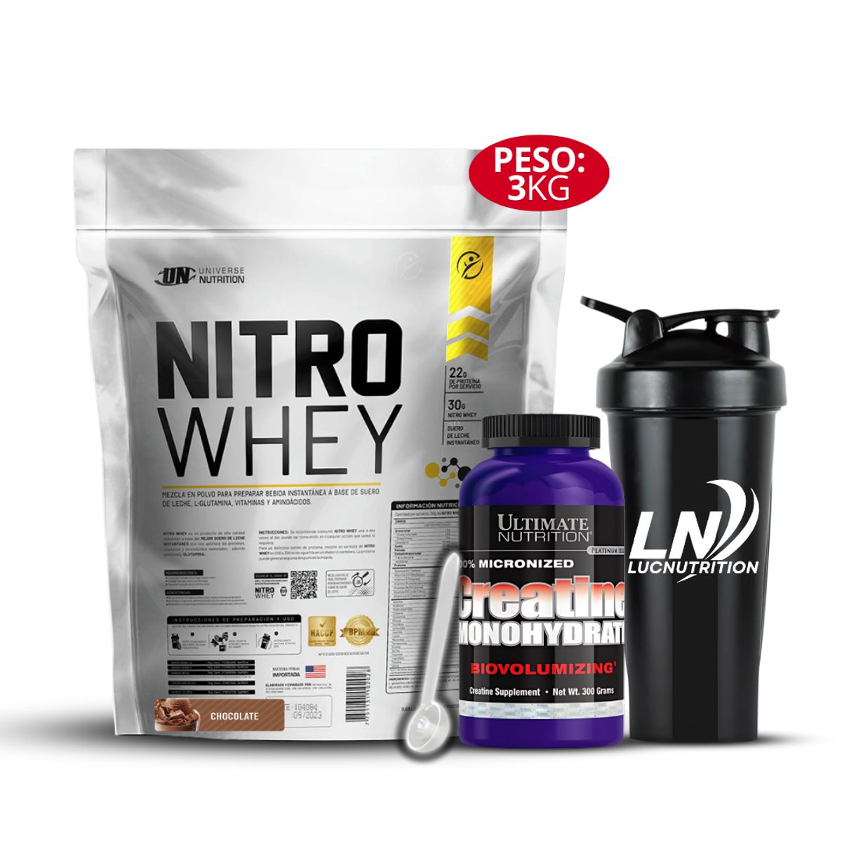UNIVERSE NUTRITION - Nitro whey 3 Kg chocolate + Creatina ultimate nutrition 300 g + Shaker