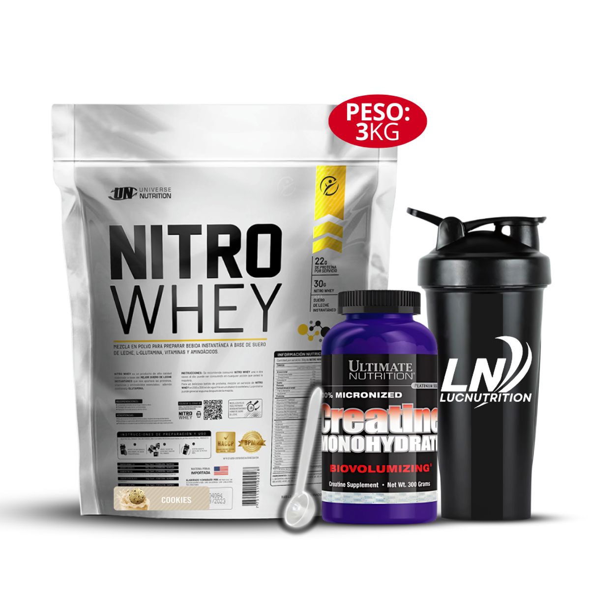 UNIVERSE NUTRITION - Nitro whey 3 Kg cookie and cream + Creatina ultimate nutrition 300 g + Shaker
