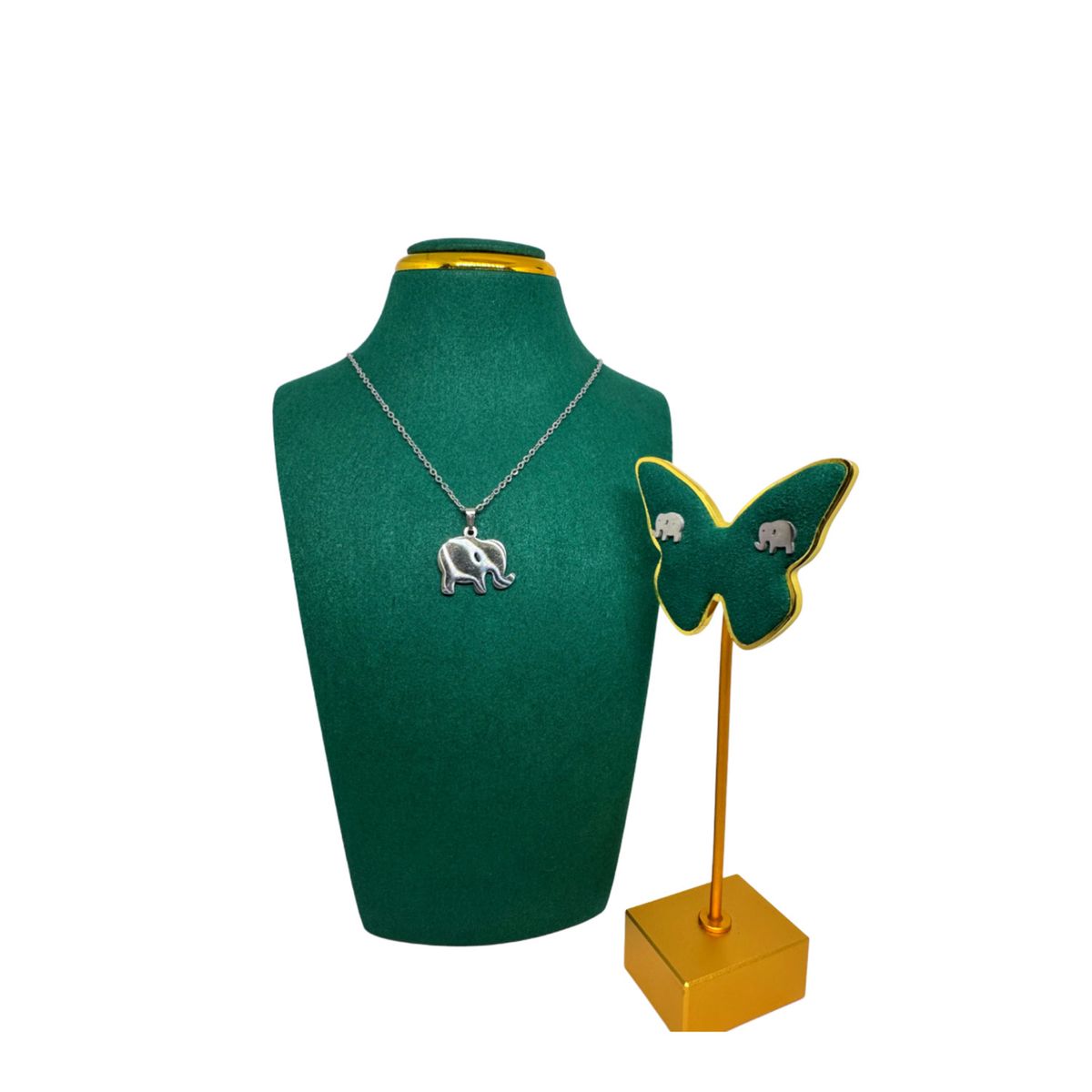 GENERICO - Pack Acero Collar con dije y Aretes - Elefante Suerte Mod III Plateado