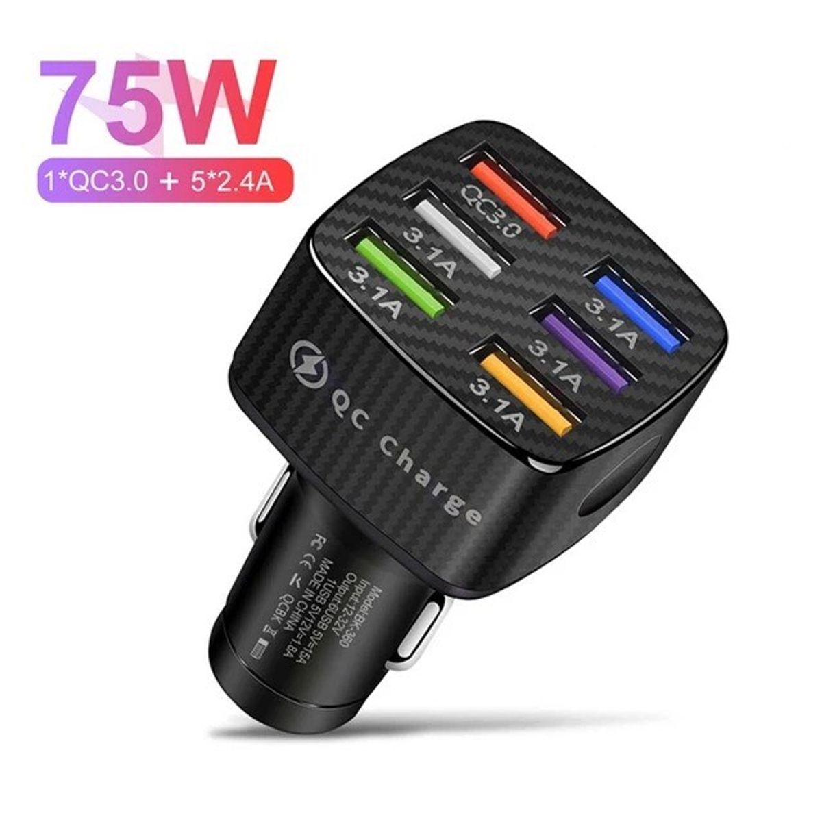 SMART - CARGADOR CELULAR PARA AUTO 75W NEGRO DE 6 PUERTOS USB-A CARGA RAPIDA