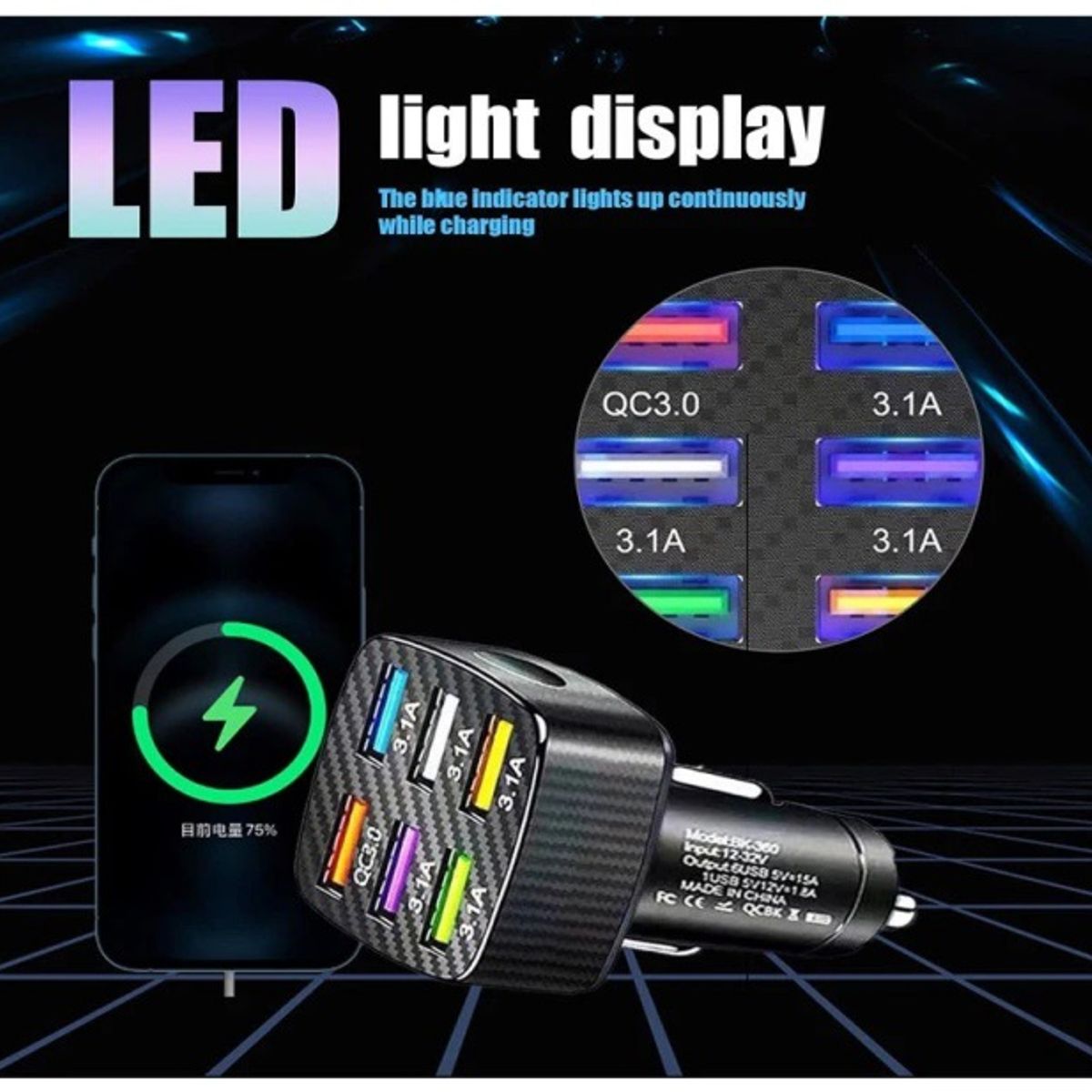 SMART - CARGADOR CELULAR PARA AUTO 75W NEGRO DE 6 PUERTOS USB-A CARGA RAPIDA