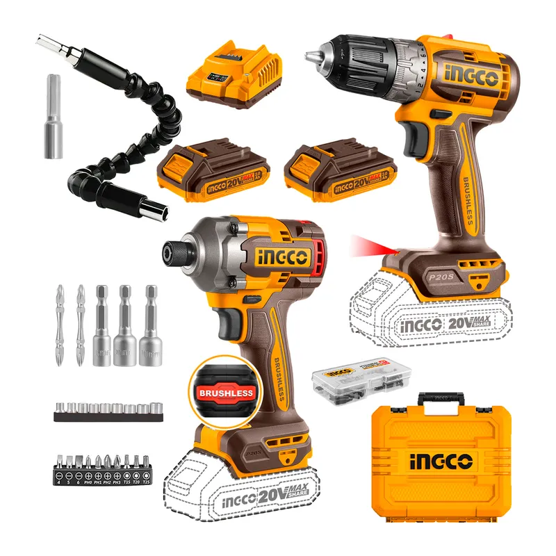 INGCO - Taladro Brushless +atornillador Impacto +21 Accesorios 2batería