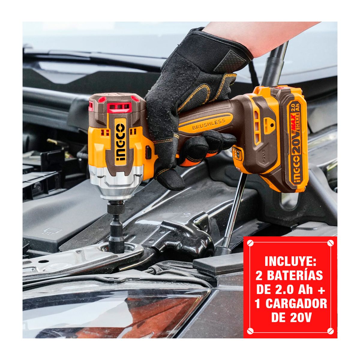 INGCO - Taladro Brushless +atornillador Impacto +21 Accesorios 2batería