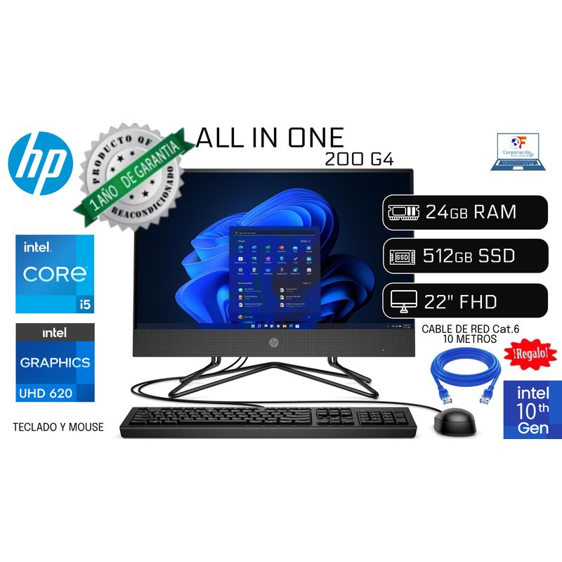 HP - All In One HP 200 G4 Intel Core I5 10ma 24gb RAM 512GB SSD 22"