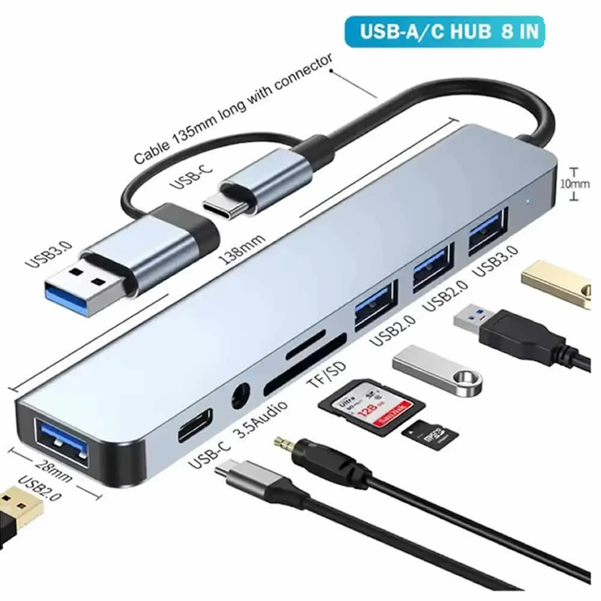 GENERICO - Adaptador Hub 8 en 1Tipo C Lector de tarjetas SD TF 3,5 Audio
