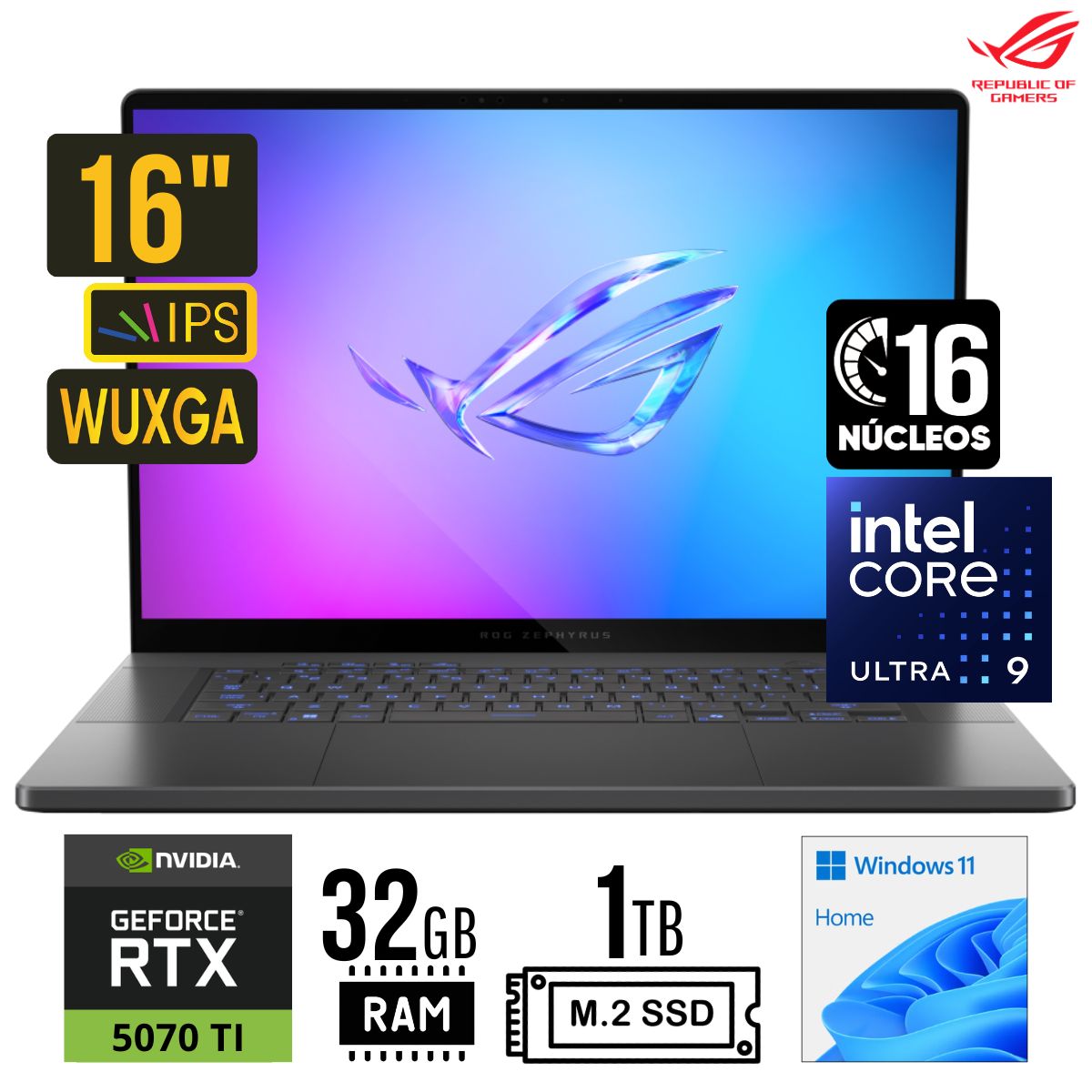 ASUS - LAPTOP ASUS ROG ZEPHYRUS G16 CORE ULTRA 9-285H RAM 32GB SSD 1TB RTX 5070 TI 12GB 16" 2.5K OLED WIN 11 H