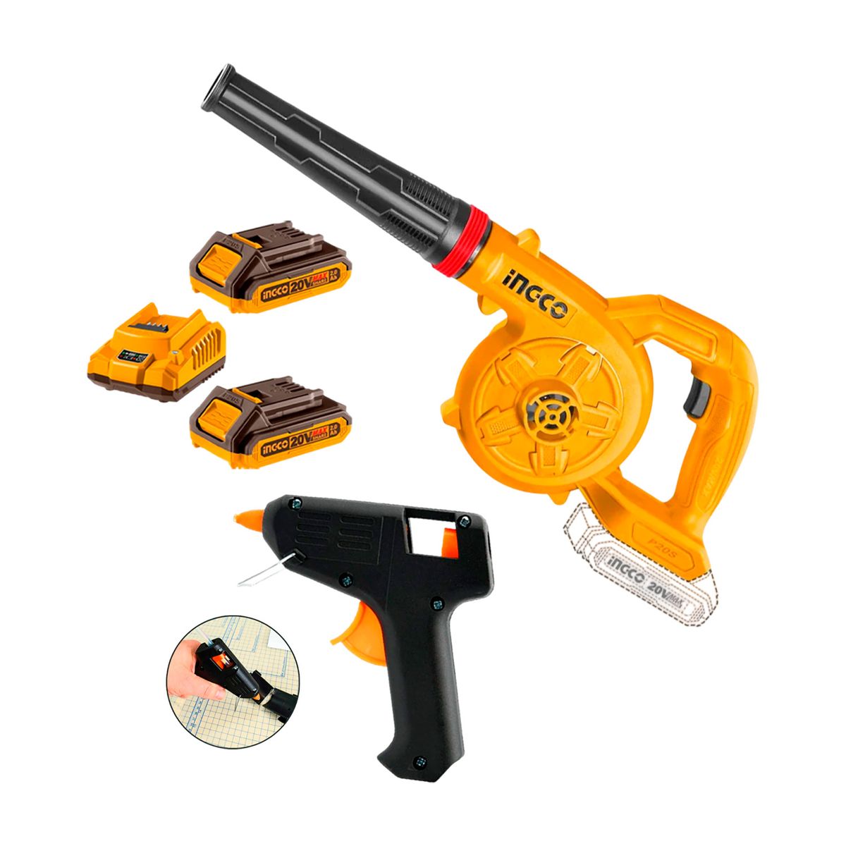 INGCO TOOLS - Sopladora 20v + 2 Baterías de 20v 2.0ah + 1 Pistola Silicona
