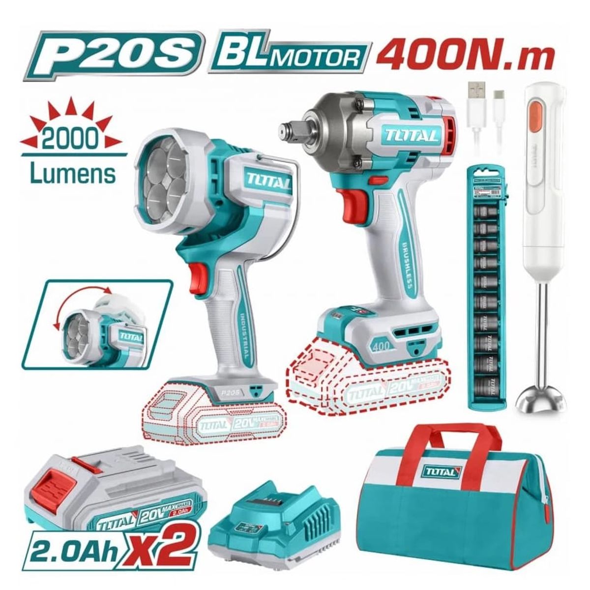 TOTAL TOOLS - Combo Llave de Impacto + Lámpara de Trabajo + Batidora Total TOSLI240961