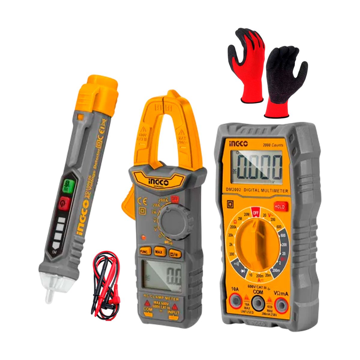 INGCO TOOLS - Kit Pinzaamp + Multímetro Y Detector Voltaje + Guante Rojo Dm3028