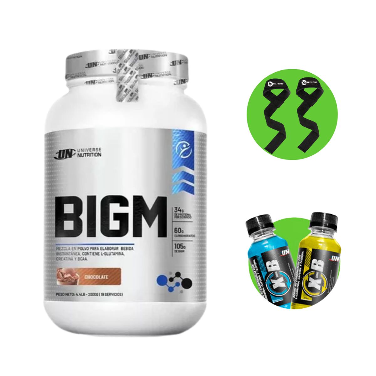 UNIVERSE NUTRITION - PROTEÍNA BIGM 2KG CHOCOLATE + STRAPS + XB