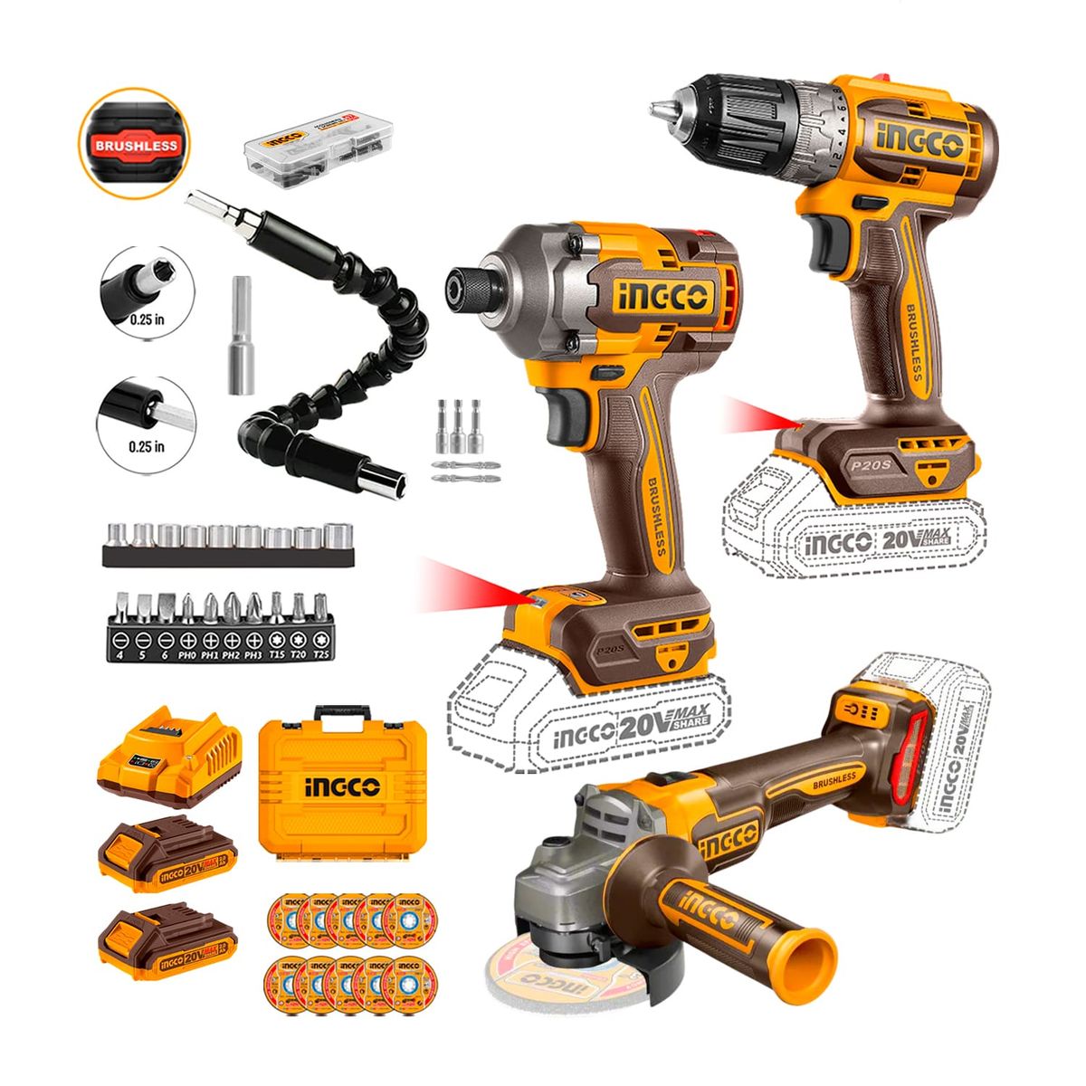 INGCO TOOLS - Combo Brushless Taladro + Atornillador + Amoladora 20v Ingco