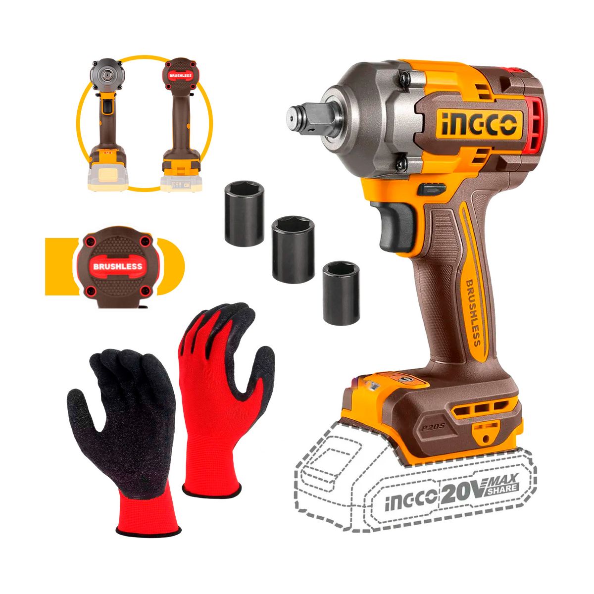 INGCO TOOLS - Llave Impacto Inalámbrica Brushless Ingco + Guantes