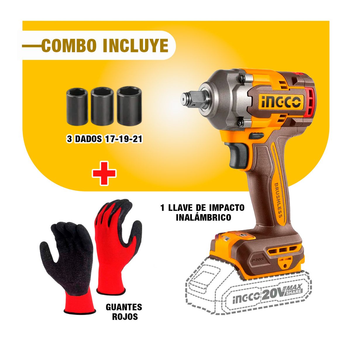 INGCO TOOLS - Llave Impacto Inalámbrica Brushless Ingco + Guantes