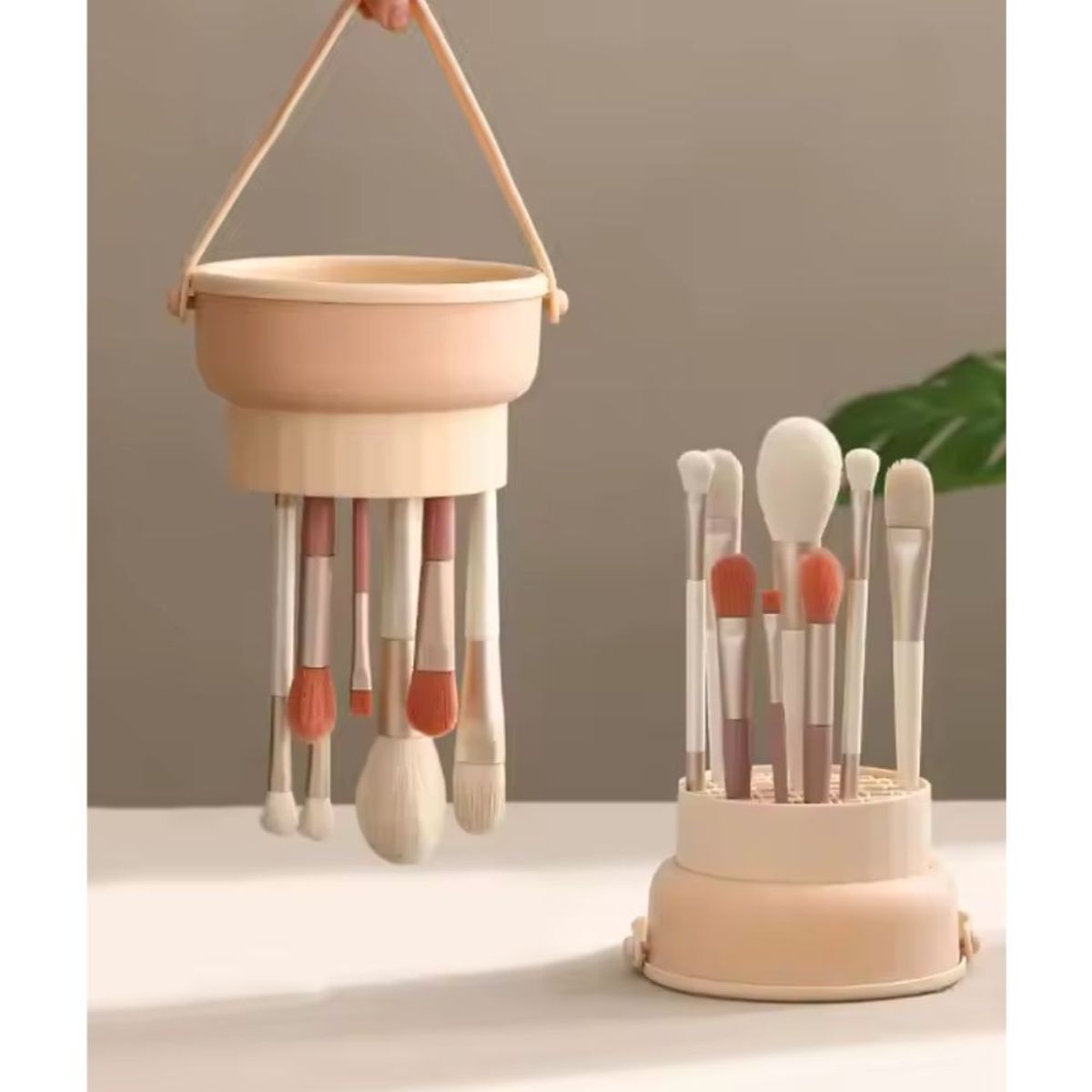 GENERICO - Limpiador de Brochas 3 en 1 con Soporte de Secado Beige