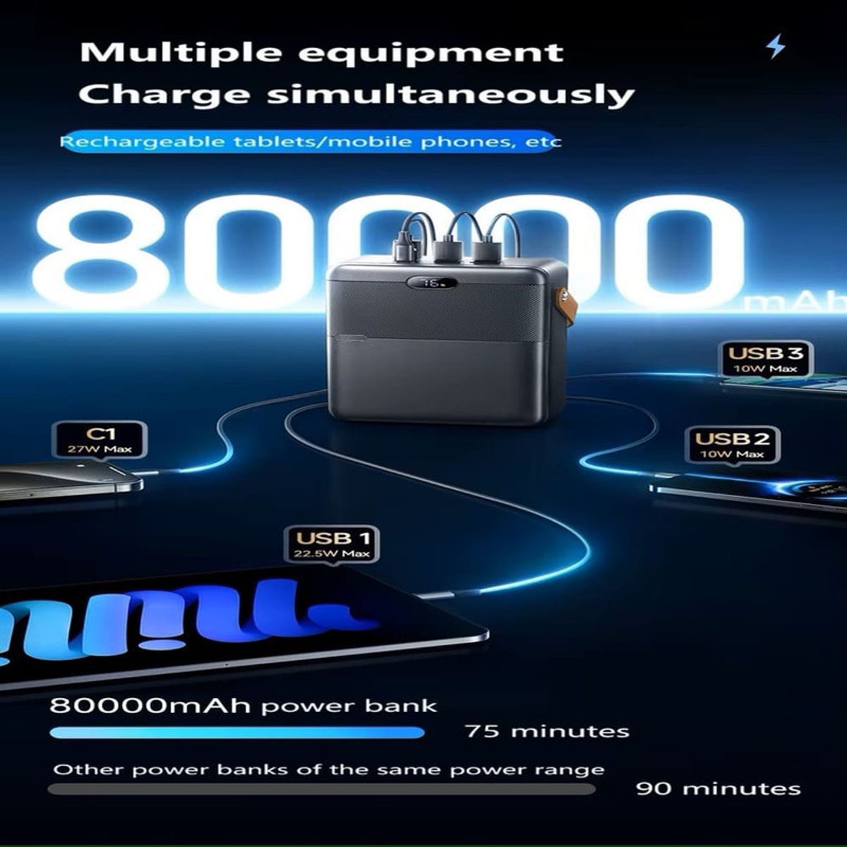 HANDS UP - Cargador portatil 80000mAh  PD27W+ QC 225W MODELO RPP-118 GRIS