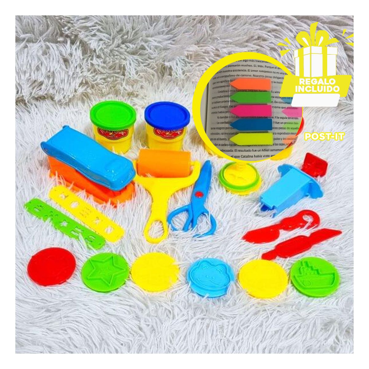 GENERICO - Masa Moldeable con Rodillo Multicolor Y+Post-it Adhesivos