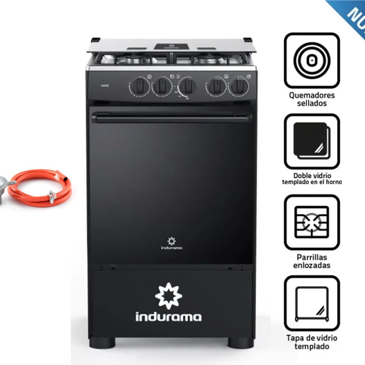 INDURAMA - COCINA A GAS GLP INDURAMA 4 HORNILLAS GOYA NEGRO + Válvula para Gas