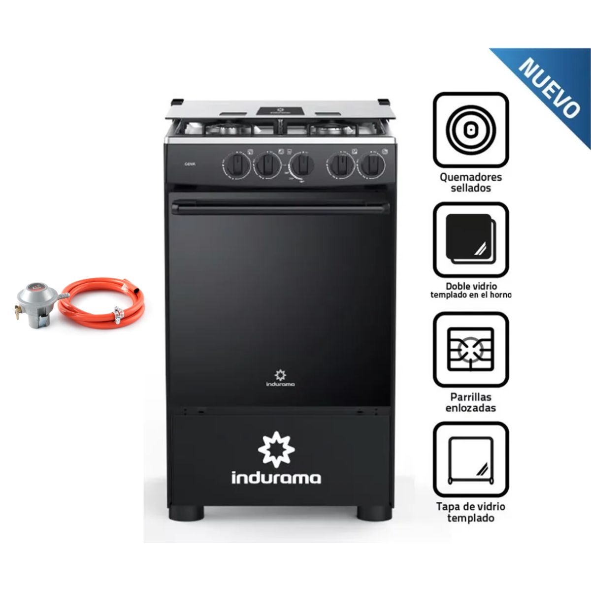 INDURAMA - COCINA A GAS GLP INDURAMA 4 HORNILLAS GOYA NEGRO + Válvula para Gas
