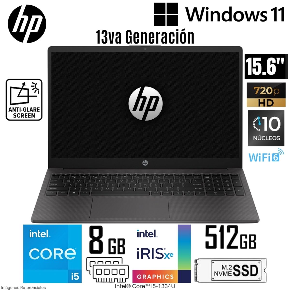 HP - Laptop HP 250 G10 Intel Core i5-1334U 8GB RAM 512GB SSD 15.6"  HD Gris Oscuro - B5UU9AT