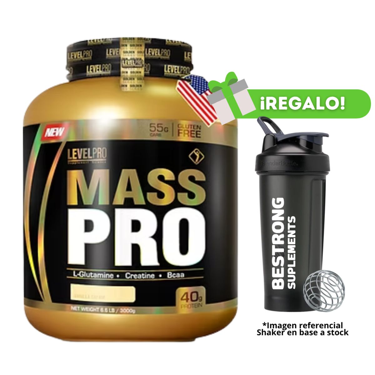 LEVEL PRO - PROTEÍNA MASS PRO 3KG VAINILLA + SHAKER