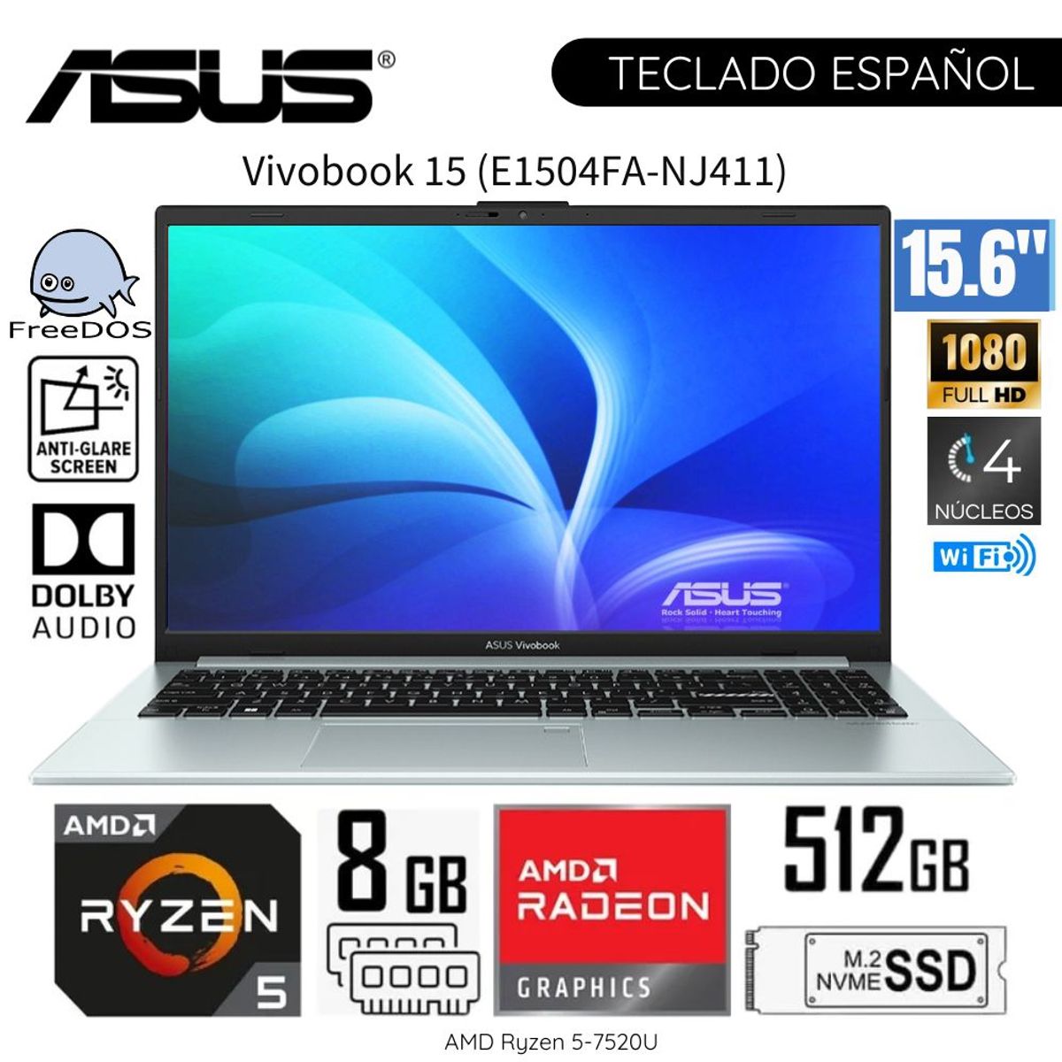 ASUS - Laptop Asus Vivobook Go 15 E1504FA-NJ411 AMD Ryzen 5 7520U 8GB DDR5 RAM 512GB SSD - Grey Green
