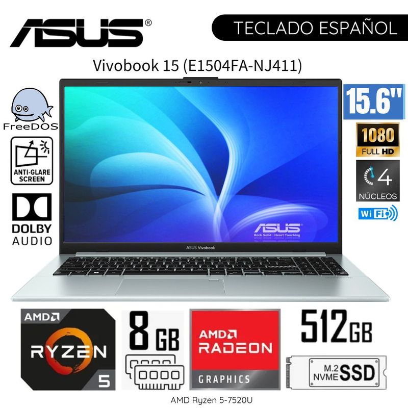 ASUS - Laptop Asus Vivobook Go 15 E1504FA-NJ411 AMD Ryzen 5 7520U 8GB DDR5 RAM 512GB SSD - Grey Green
