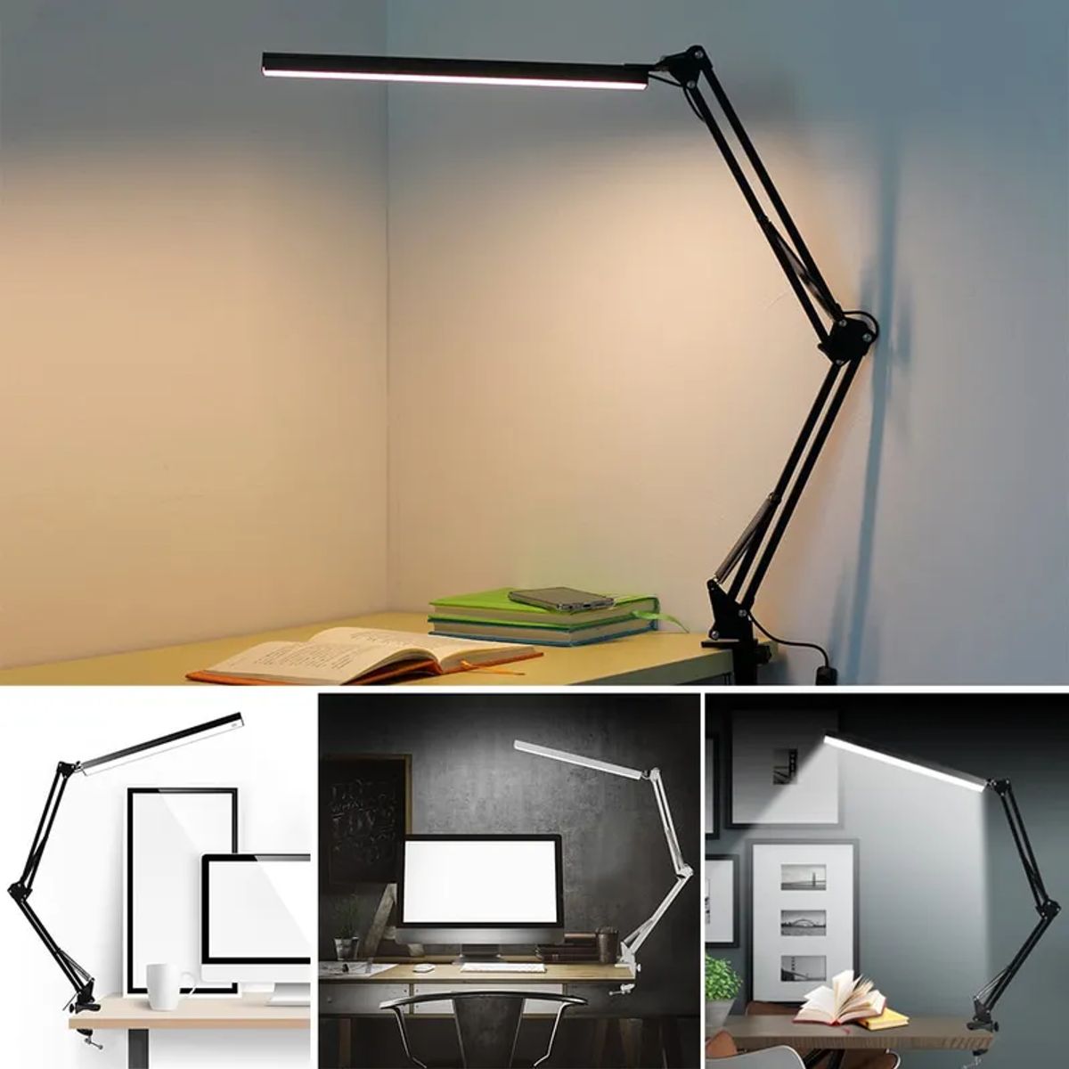 SEISA - Lámpara De Escritorio Con Brazo Ajustable De Metal con 3 Tonos de LUZ