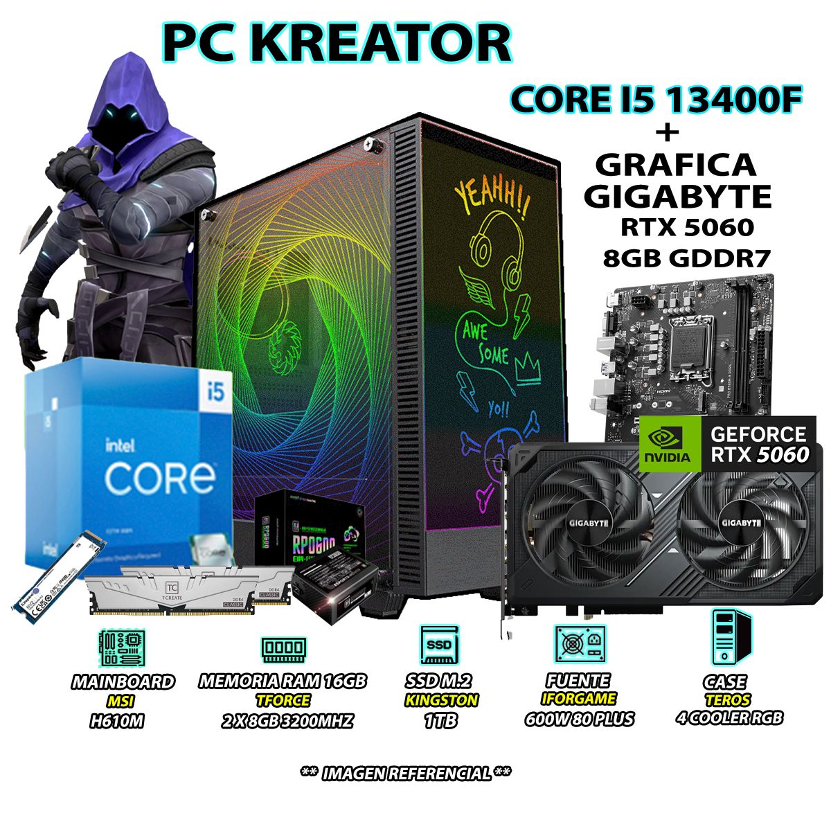 INTEL - Computadora PC Gamer Intel Core i5 13400F RAM 16GB SSD 1TB RTX 5060 8GB