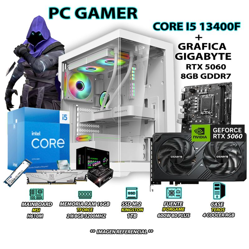 INTEL - Computadora PC Gamer Intel Core i5 13400F RAM 16GB SSD 1TB RTX 5060 8GB