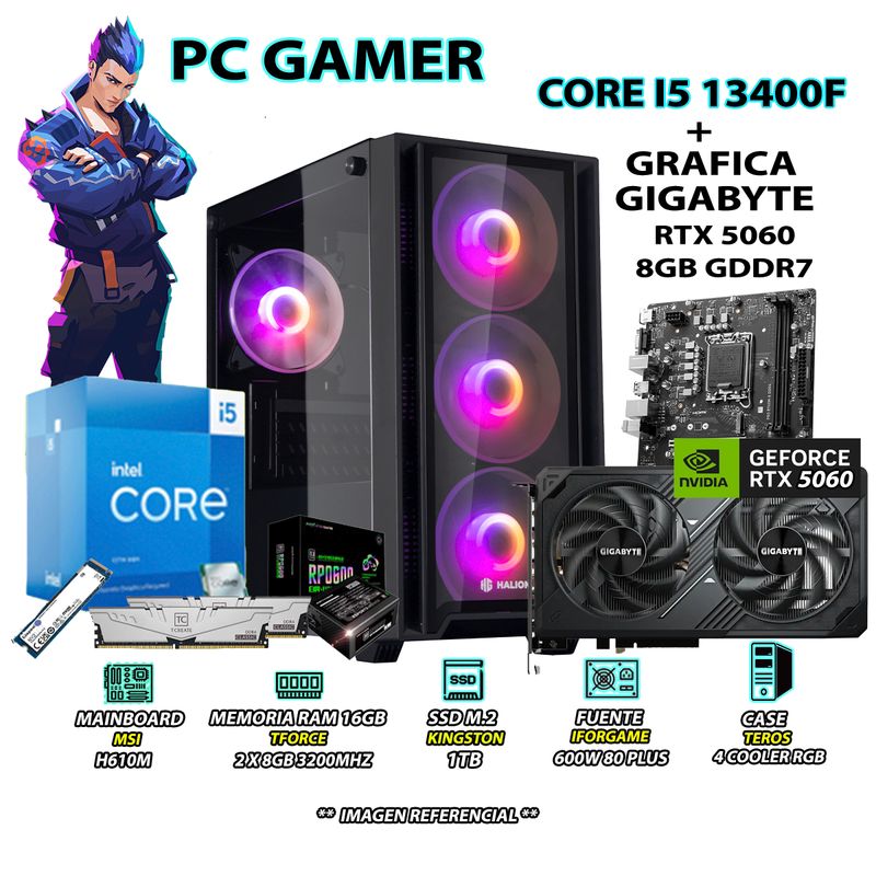 INTEL - Computadora PC Gamer Intel Core i5 13400F RAM 16GB SSD 1TB RTX 5060 8GB