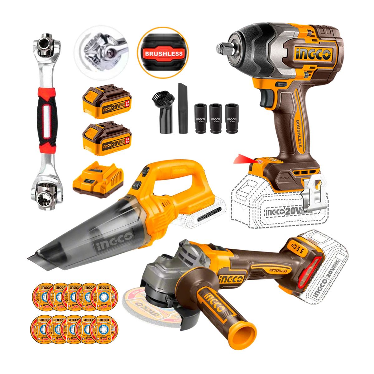 INGCO TOOLS - Amoladora 4 1/2 + Llave De Impacto + Aspiradora 20v + 48in1