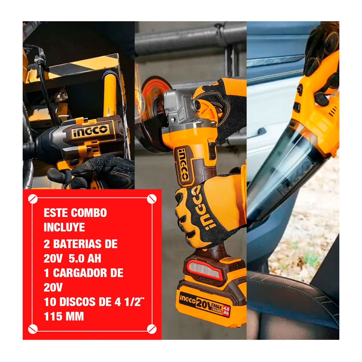 INGCO TOOLS - Amoladora 4 1/2 + Llave De Impacto + Aspiradora 20v + 48in1