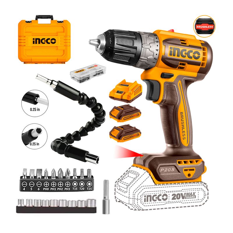 INGCO TOOLS - Taladro Atornillador 20v 52nm + 2 baterías 2.0ah + 21 Accesorios