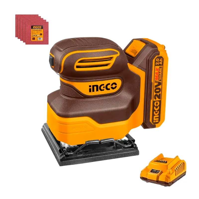 INGCO TOOLS - Lijadora Orbital 1 Batería 20v + Cargador + 5 Lijas Ingco