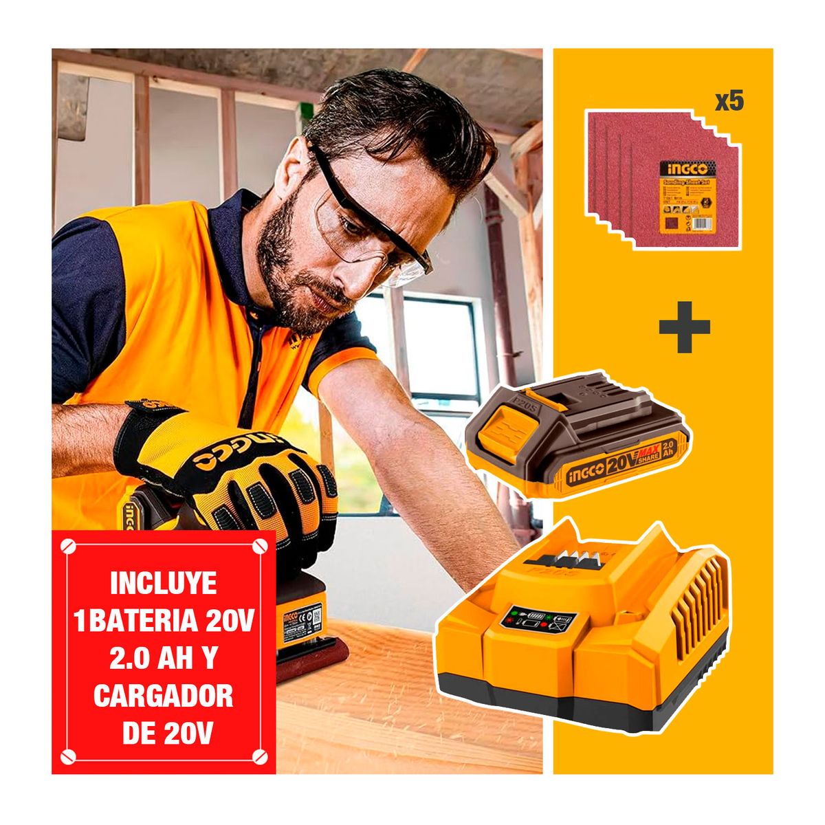 INGCO TOOLS - Lijadora Orbital 1 Batería 20v + Cargador + 5 Lijas Ingco