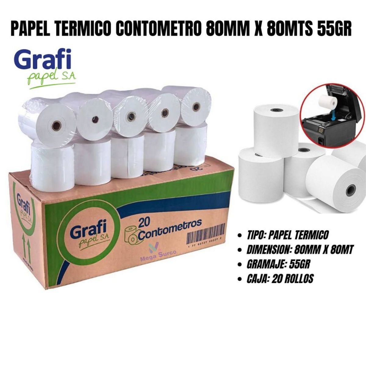 GRAFI PAPEL SA - PAPEL TERMICO CONTOMETRO GRAFIPAPEL 80MM X 80MTS 55GR 20 ROLLOS
