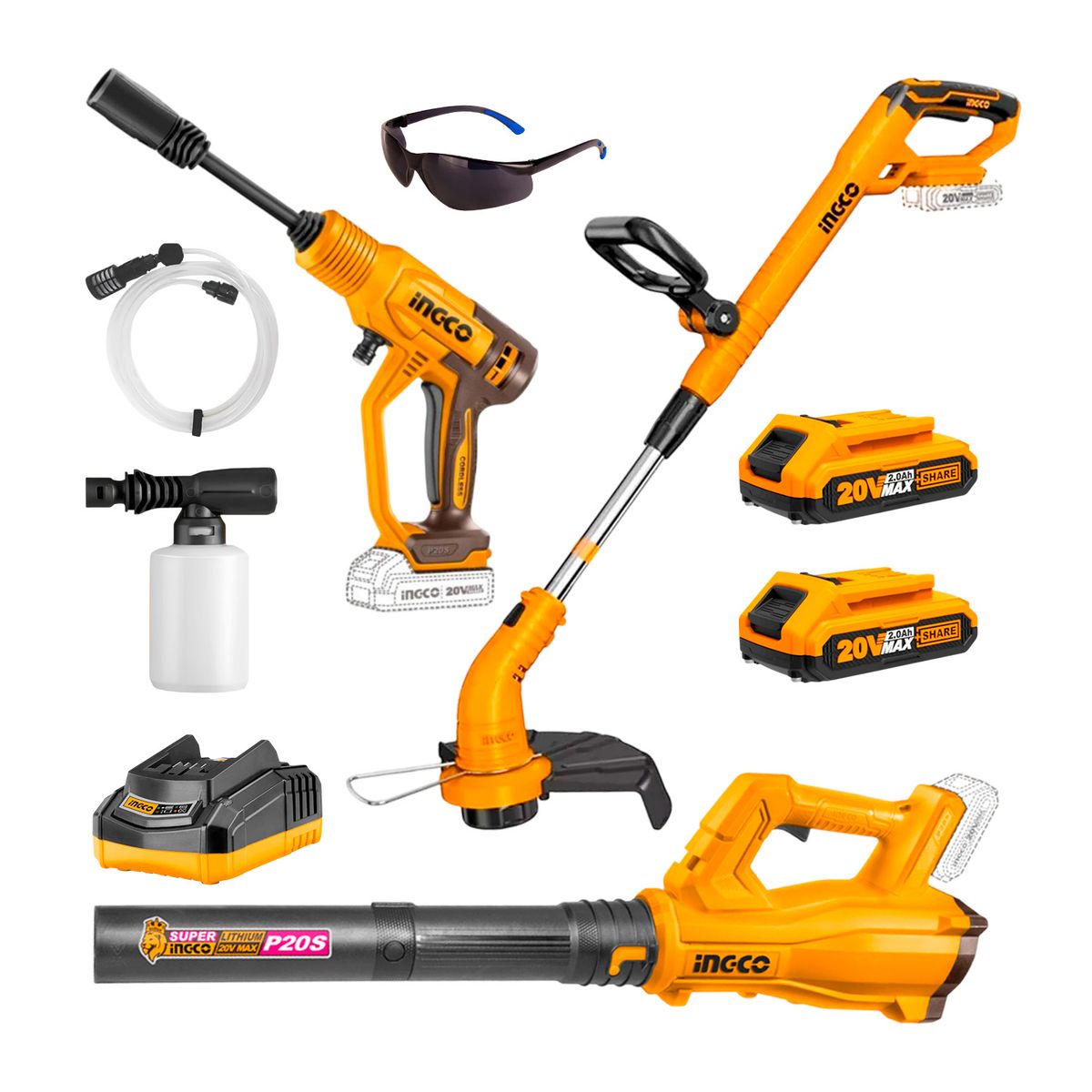 INGCO TOOLS - Cortacésped + Hidrolavadora + Soplador 20v Inalámbrico + 2baterías Ingco