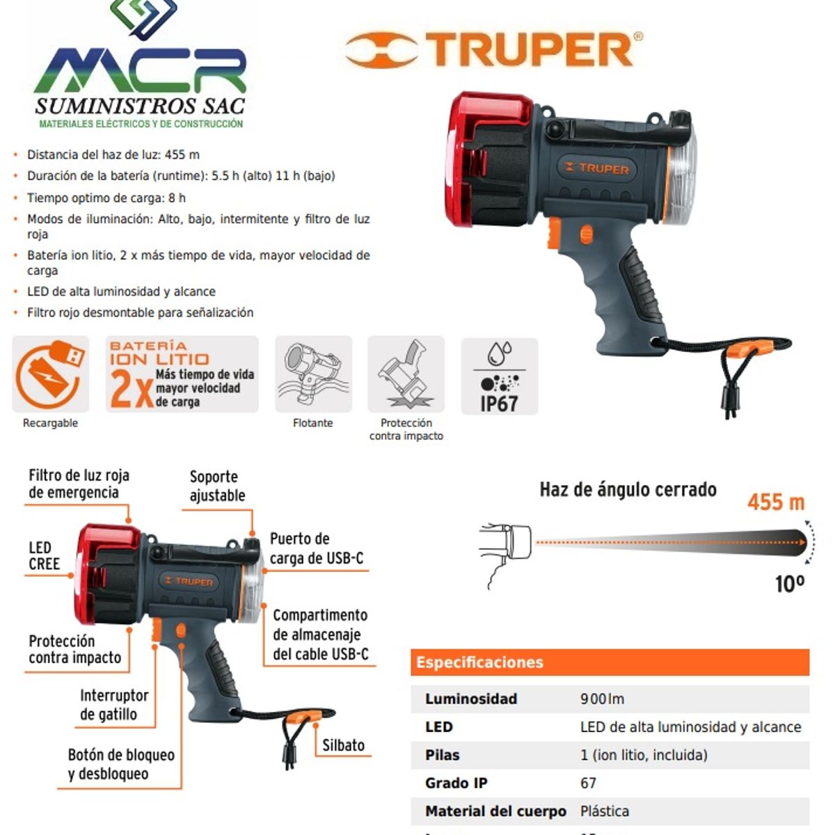 TRUPER - LINTERNA PLASTICA LED 900 LUMENES IP67 USB-C TRUPER