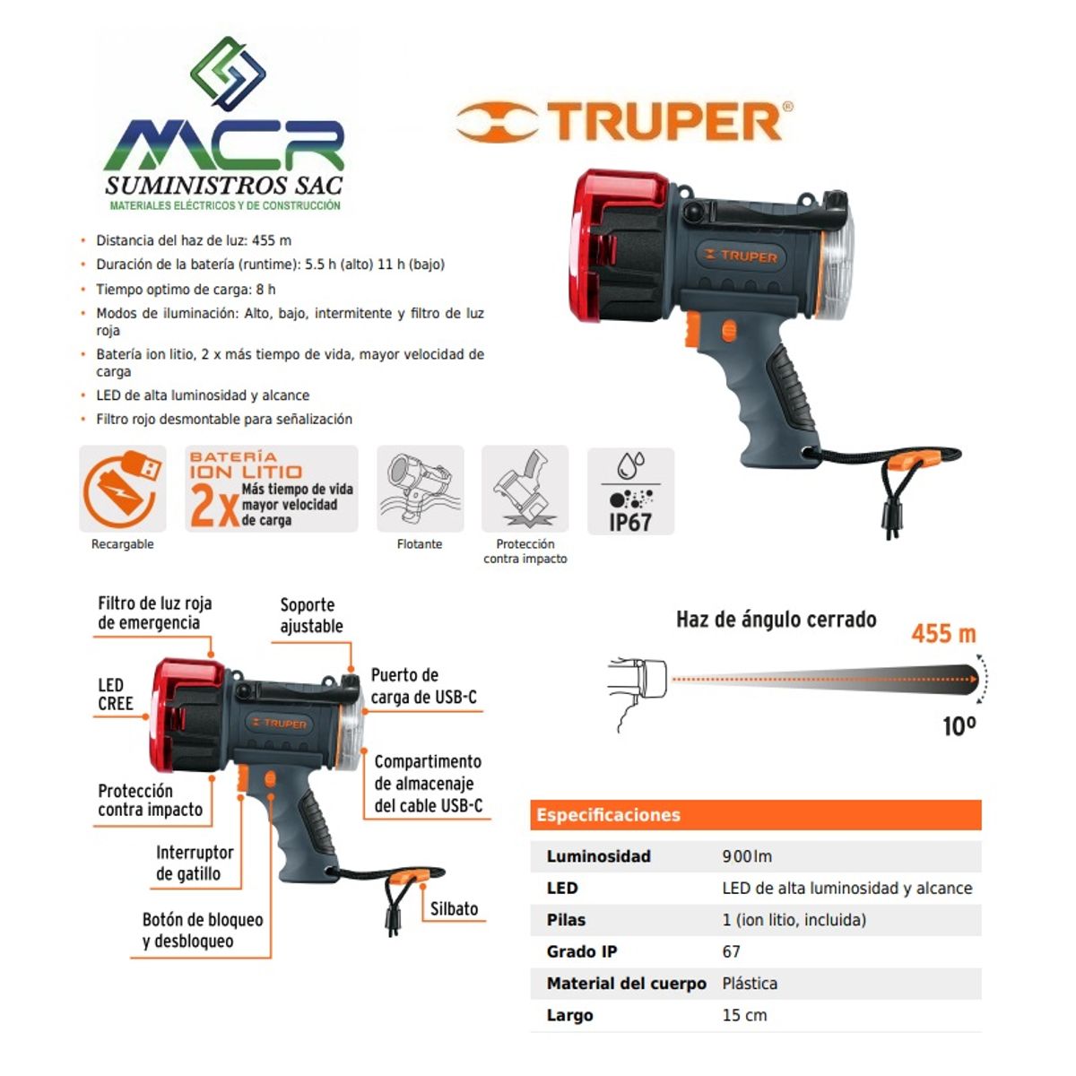 TRUPER - LINTERNA PLASTICA LED 900 LUMENES IP67 USB-C TRUPER