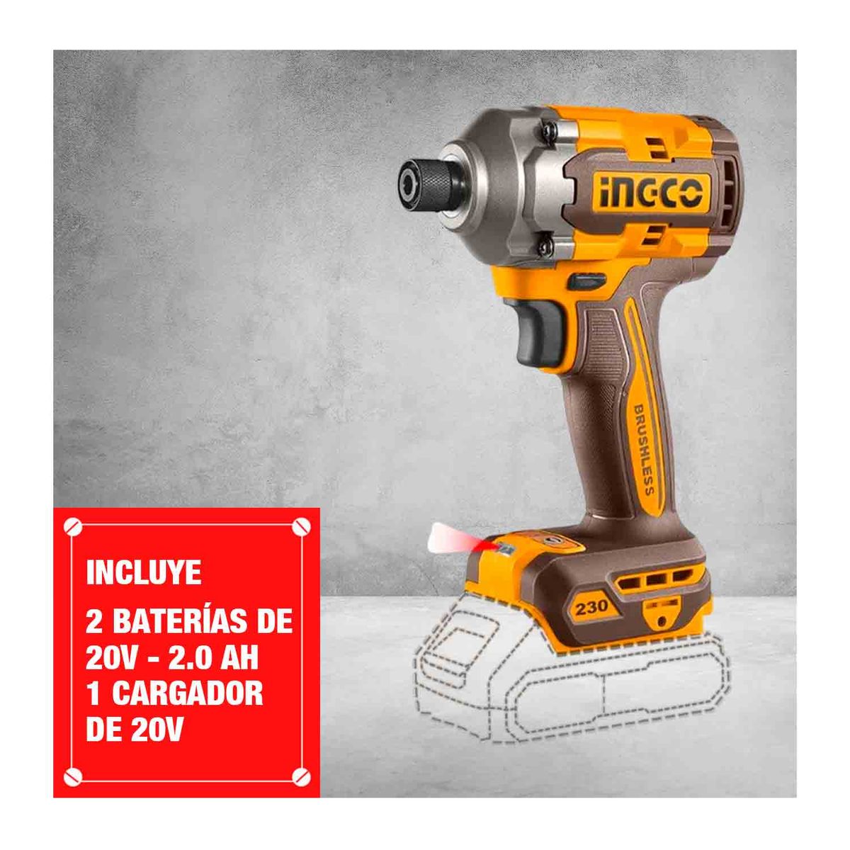 INGCO TOOLS - Atornillador De Impacto Brushless + 2baterías 20v 20ah + 2puntas hexag
