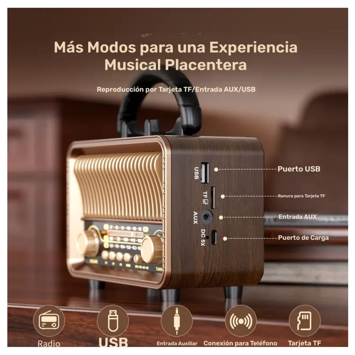 GENERICO - Radio Inalámbrica Portátil Vintage AM FM SW Batería Recargable USB