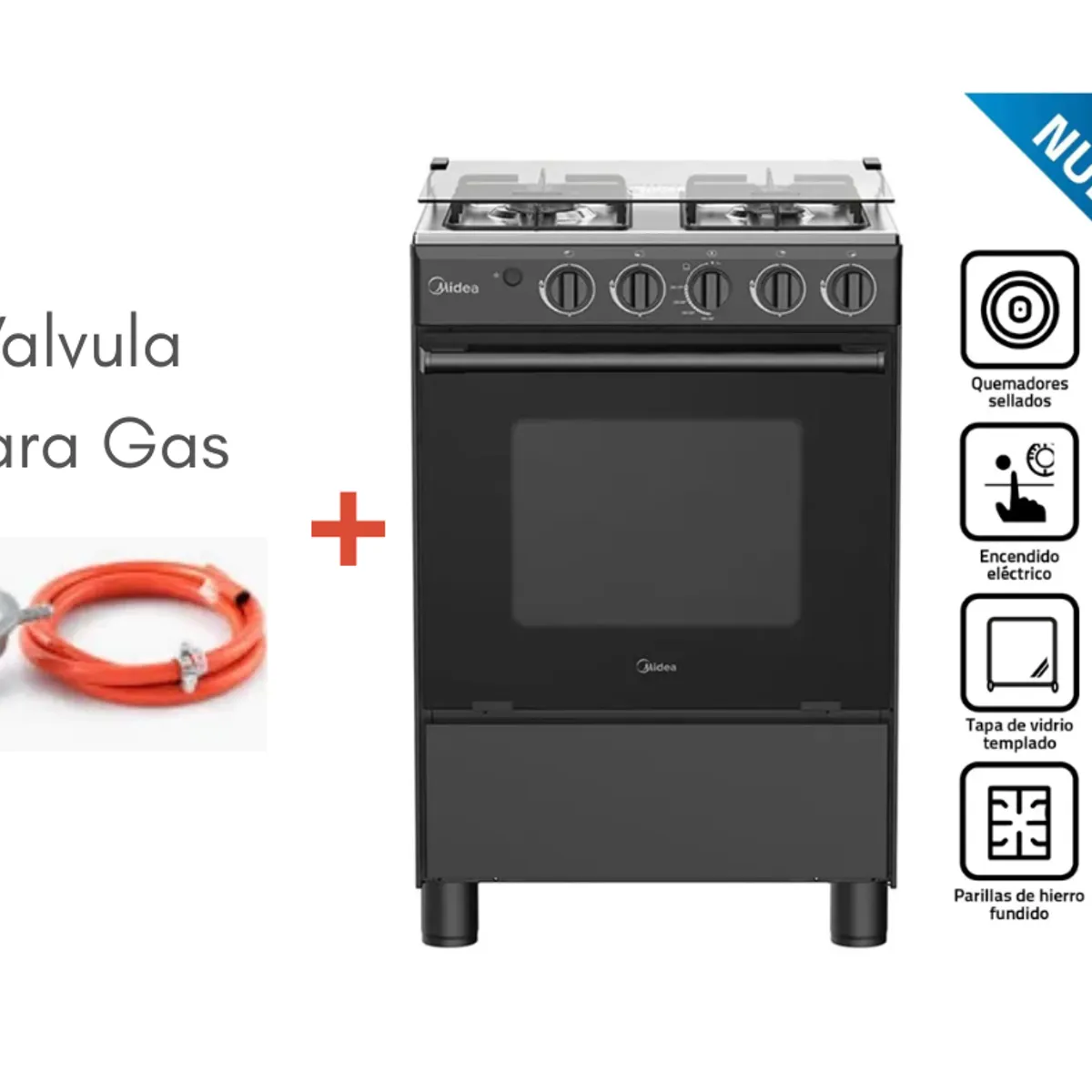 MIDEA - Cocina a Gas MIDEA 4 Quemadores MGS24FS2LFABBC-PE NEGRO + Válvula para Gas