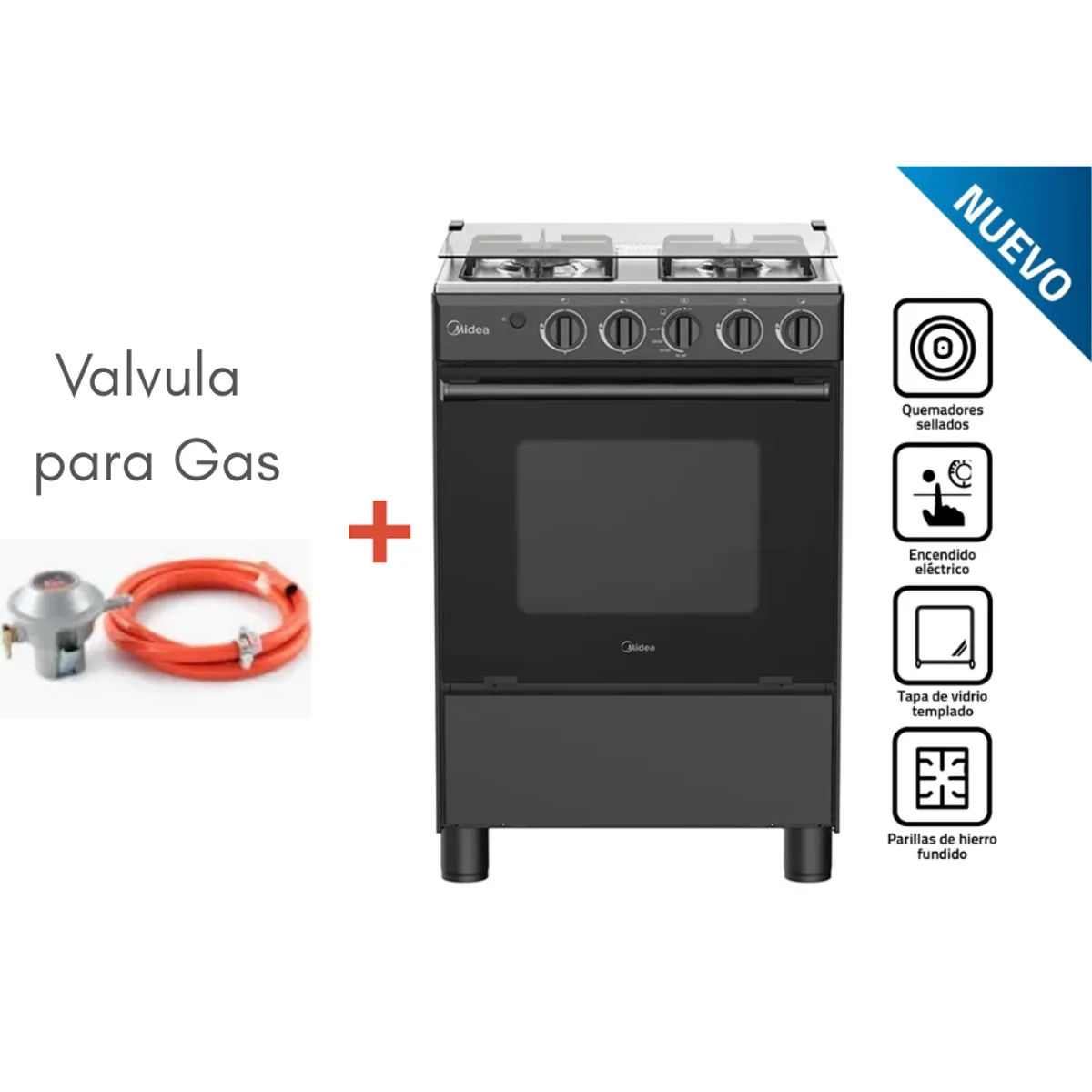MIDEA - Cocina a Gas MIDEA 4 Quemadores MGS24FS2LFABBC-PE NEGRO + Válvula para Gas
