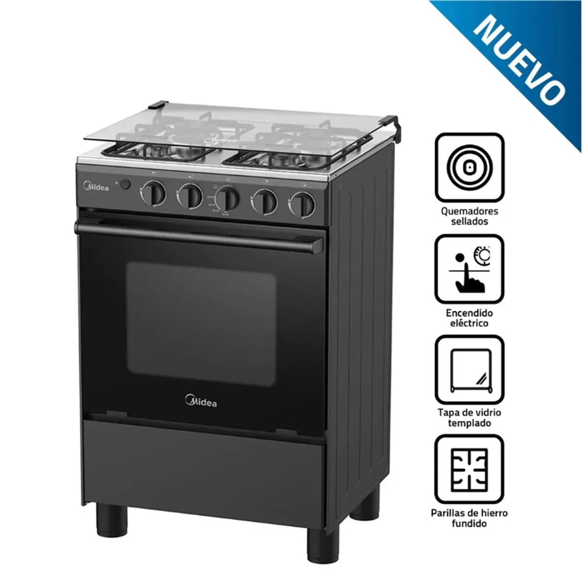 MIDEA - Cocina a Gas MIDEA 4 Quemadores MGS24FS2LFABBC-PE NEGRO + Válvula para Gas