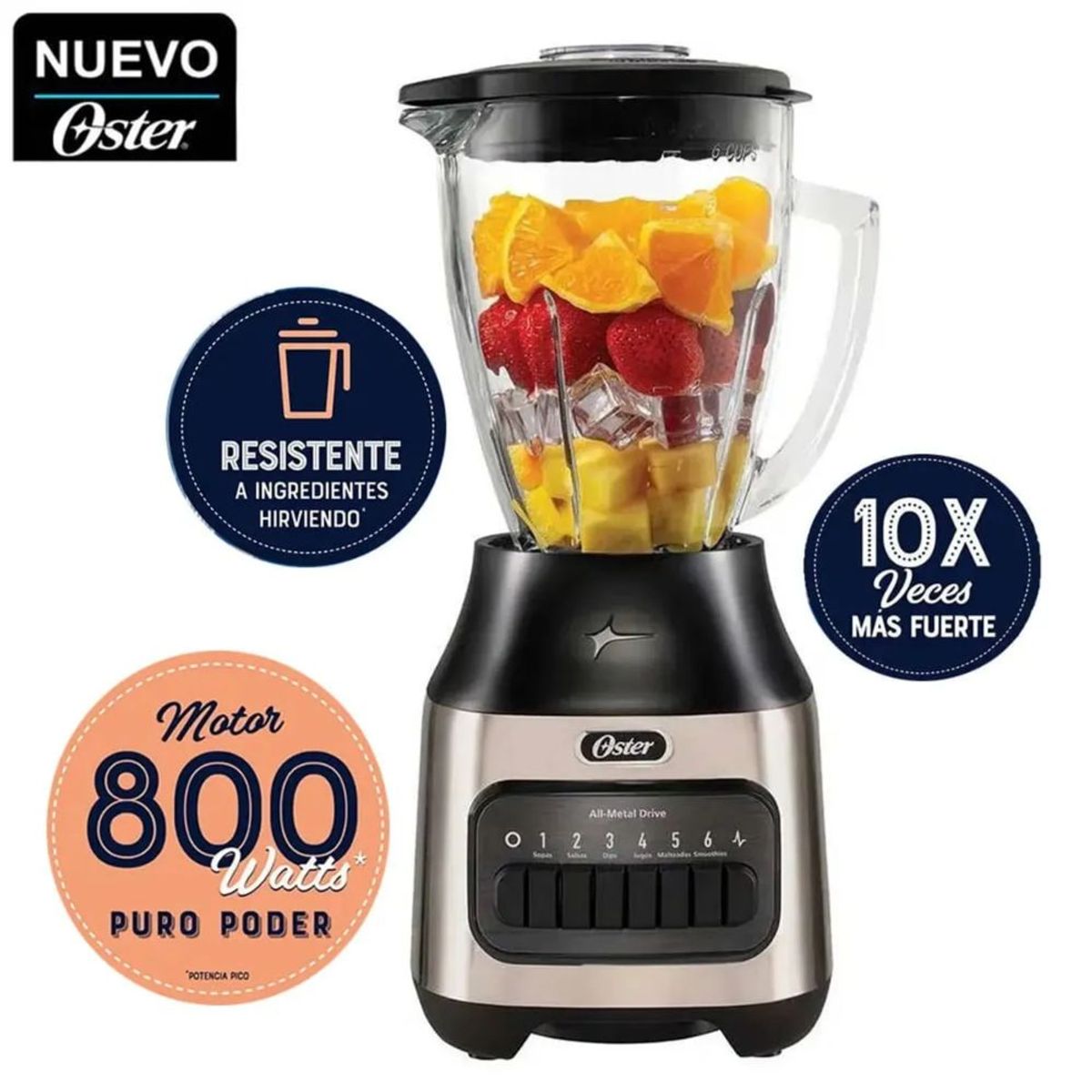 Licuadora Oster con vaso de vidrio y 6 velocidades más pulso BLSTPEG NPB, marca OSTER - Foto Principal